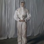 Eve Malherbe, Jeune-femme-en-blouse-de-peinturereprenant-la-pose-de-Saint-Franois-d-Assise-mditant--89x130cm--2018